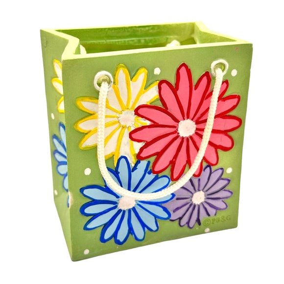 Ceramic Gift Bag Planter Vase Pen Cup Green Multicolor 1980s Floral Pattern 4" - Picture 3 of 9